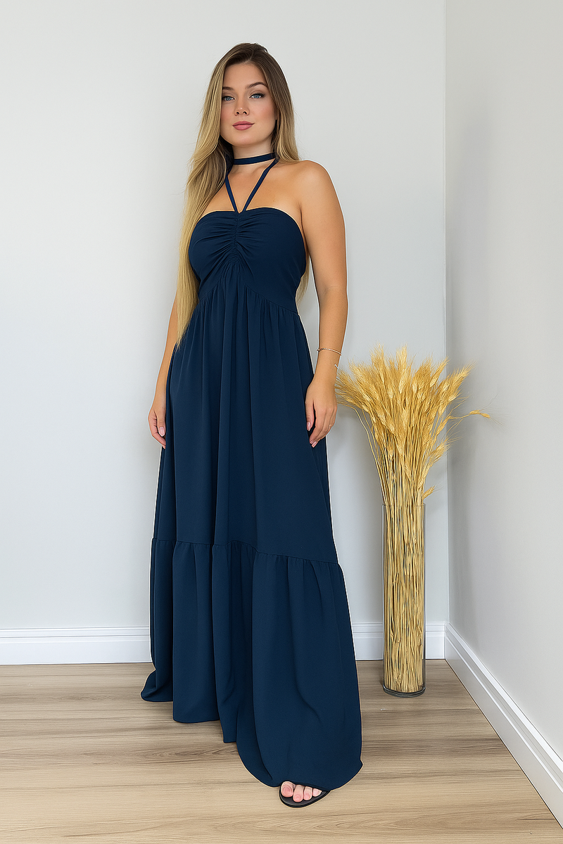 Vestido Longo com Amarração no Pescoço – Azul Marinho | Azul Bebê | Preto