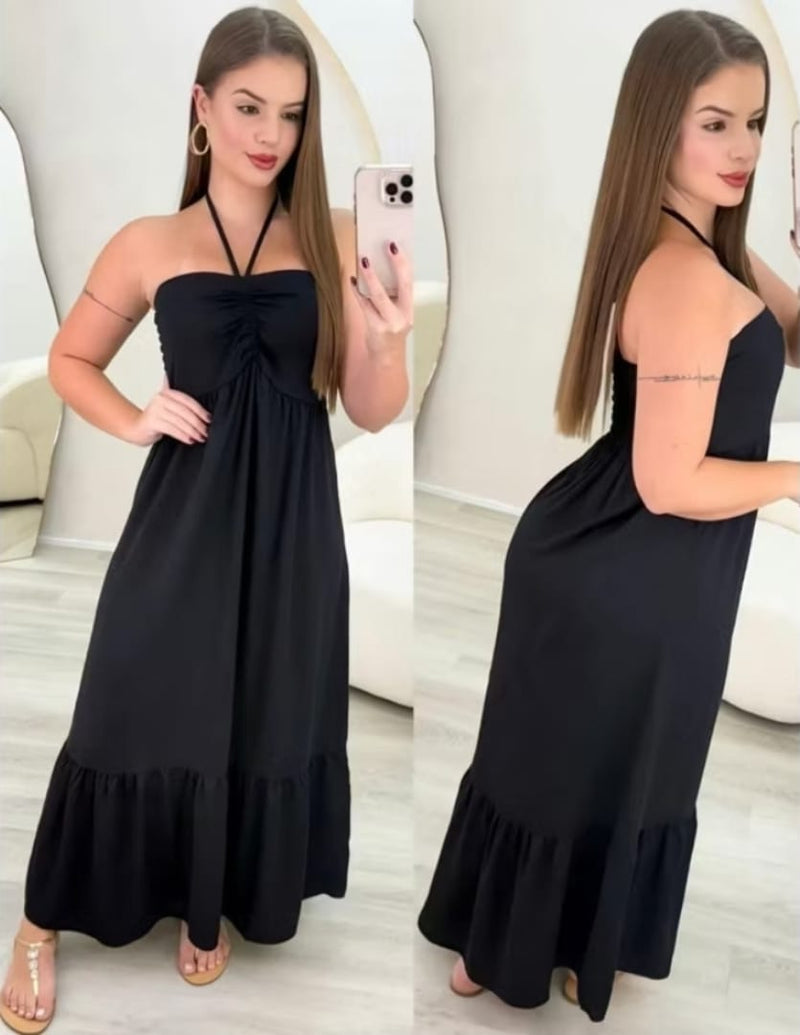 Vestido Longo com Amarração no Pescoço – Azul Marinho | Azul Bebê | Preto