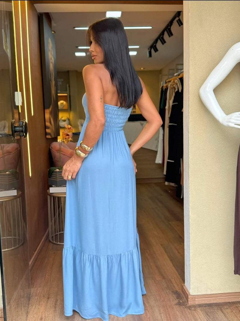 Vestido Longo com Amarração no Pescoço – Azul Marinho | Azul Bebê | Preto