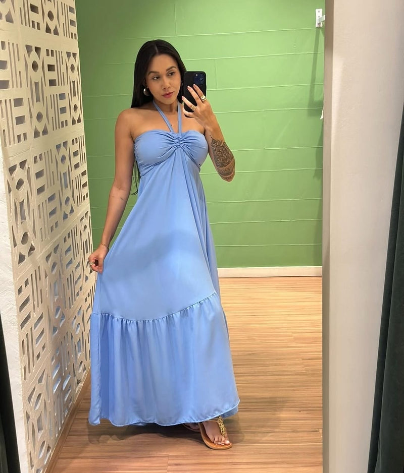 Vestido Longo com Amarração no Pescoço – Azul Marinho | Azul Bebê | Preto